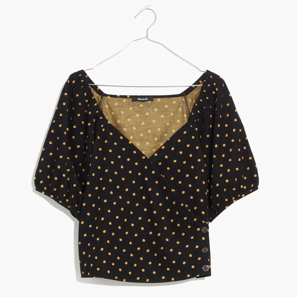 Madewell Corduroy Puff-Sleeve Button Wrap Top Black in‎ Tan Oval Dot Size XS